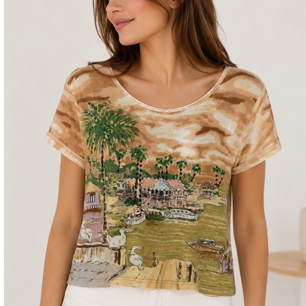 Take Two Clothing Co Tropical Harbor Sequin Tee Womens XL Tan Good Ribbed Cotton